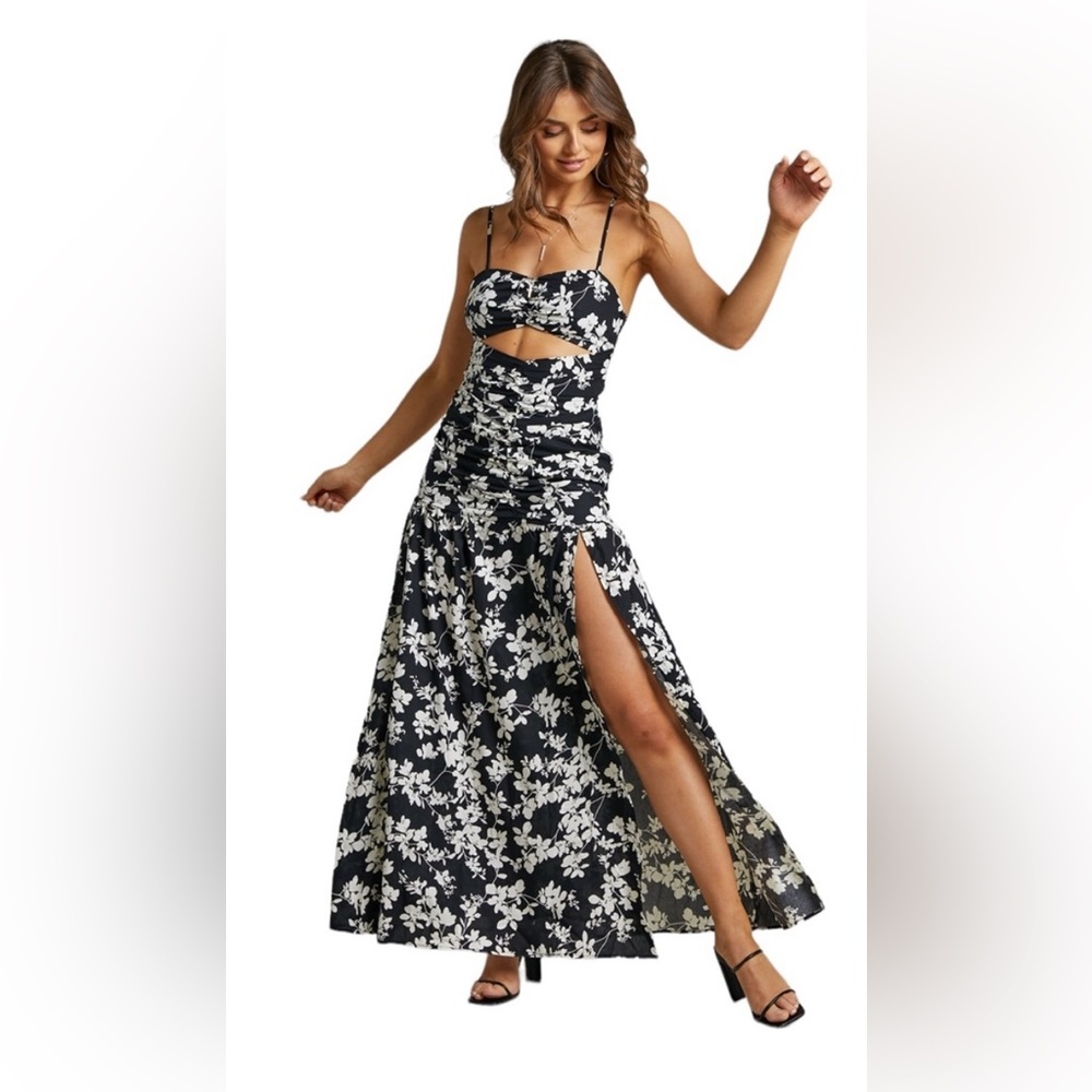 Showpo Mikaela Ruched Front Maxi Dress with Cut Out in Black Floral